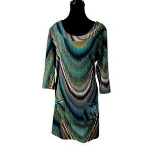Papillon Dress Large Womens Knit Brown Turquoise 3/4 Sleeves Pockets